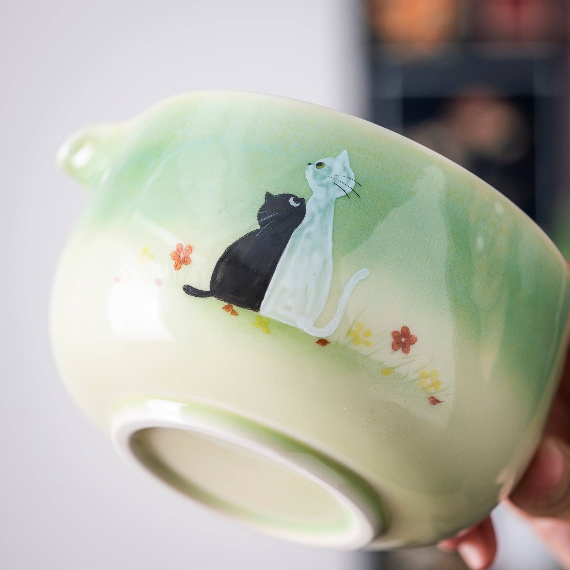 Hand - painted Black & White Cat Light Green Matcha Whisk Set