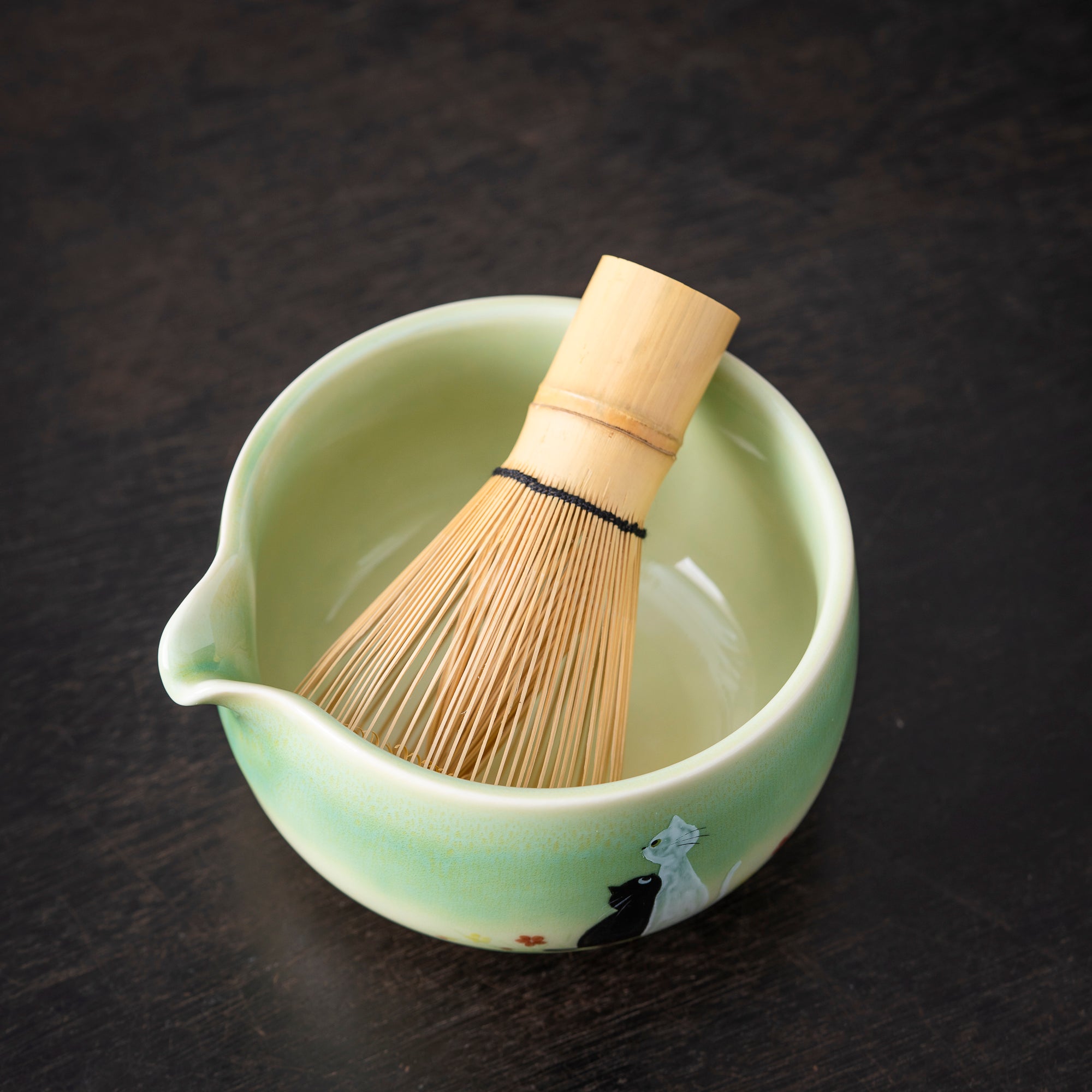 Hand - painted Black & White Cat Light Green Matcha Whisk Set