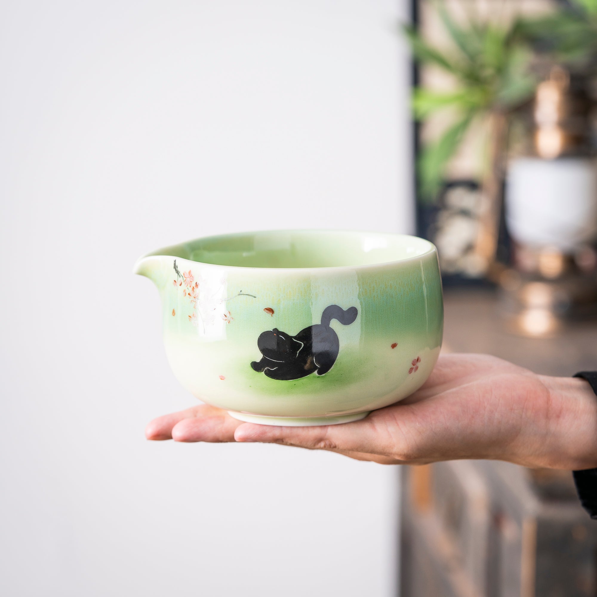 Hand - painted Black Cat & Cherry Blossom Light Green Matcha Kit