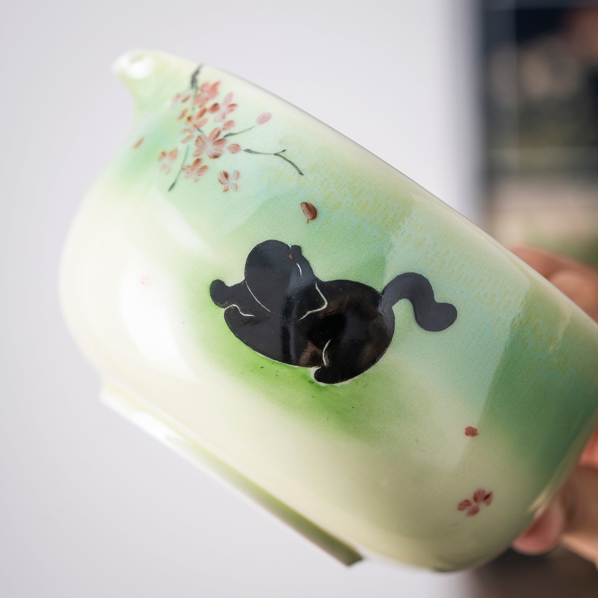 Hand - painted Black Cat & Cherry Blossom Light Green Matcha Kit