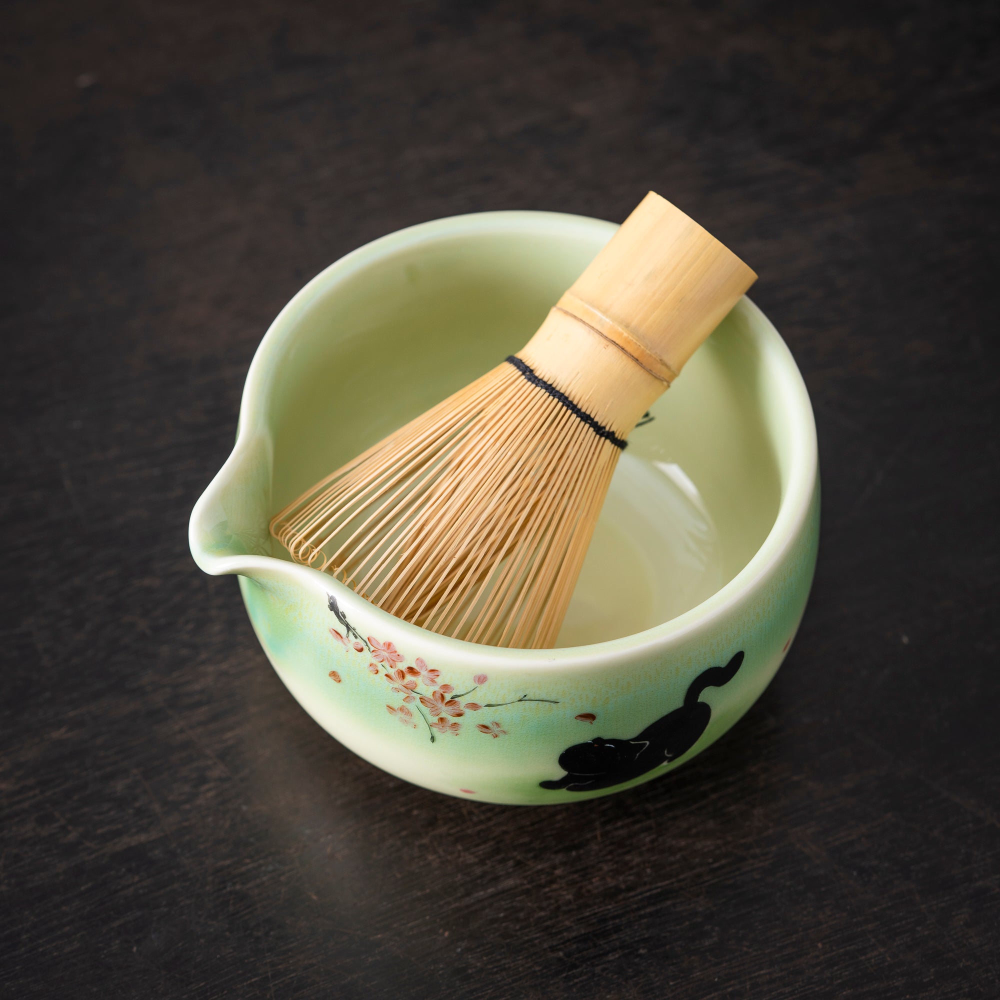 Hand - painted Black Cat & Cherry Blossom Light Green Matcha Kit