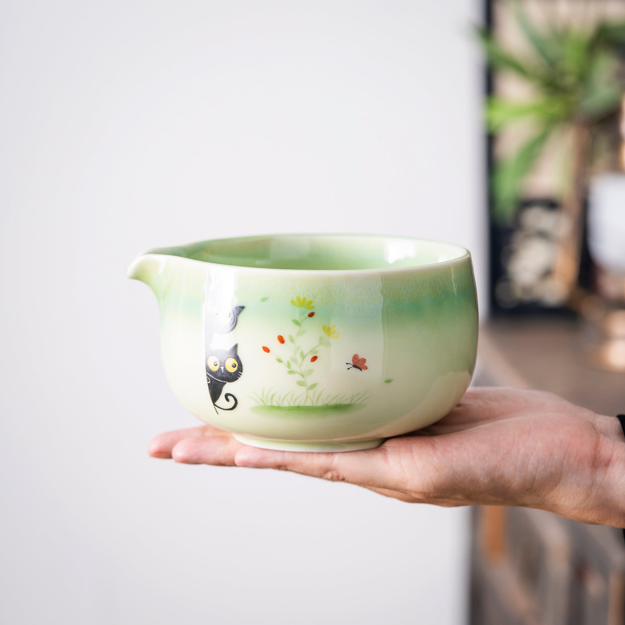 Hand - painted Black Cat Duo & Floral Matcha Whisk Set