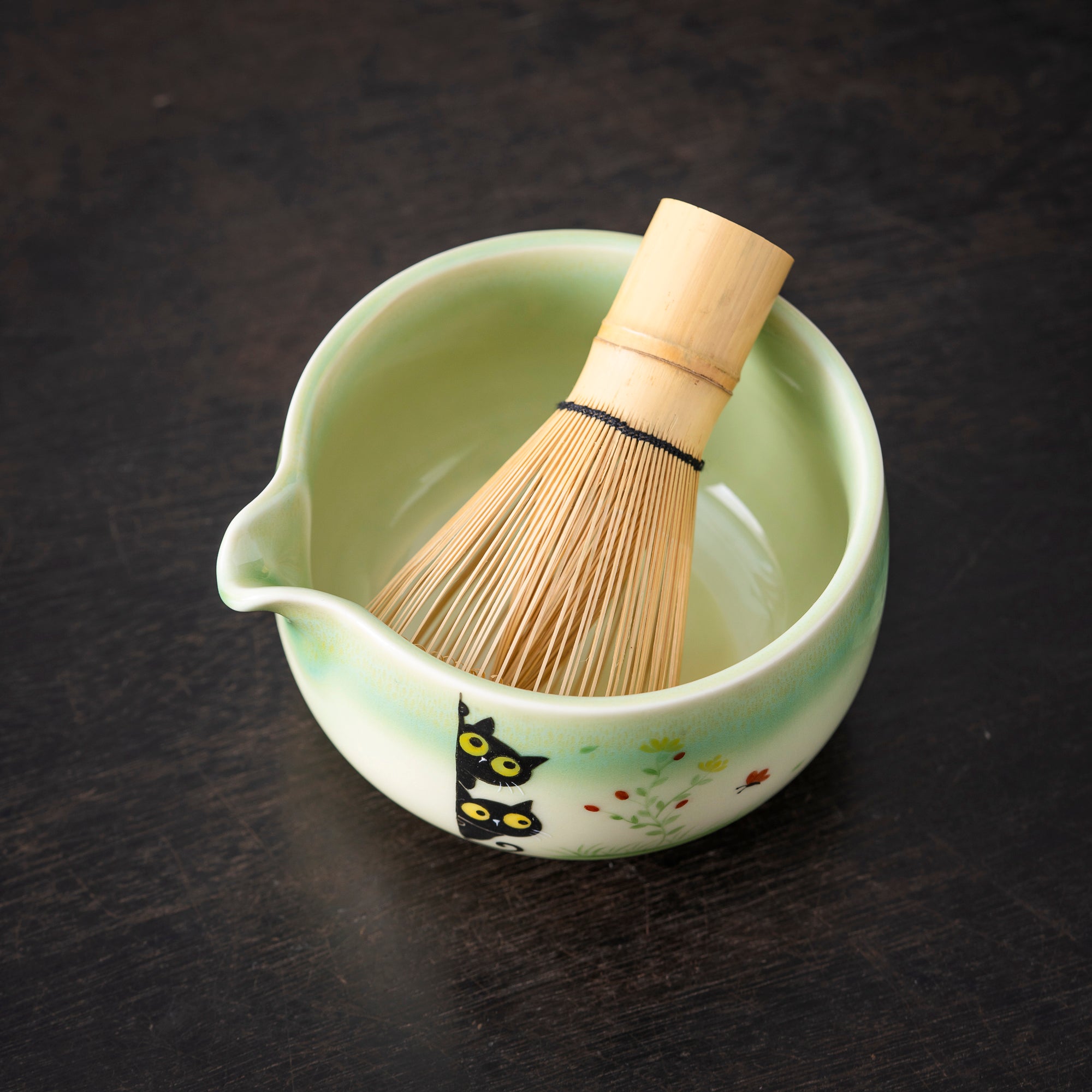 Hand - painted Black Cat Duo & Floral Matcha Whisk Set