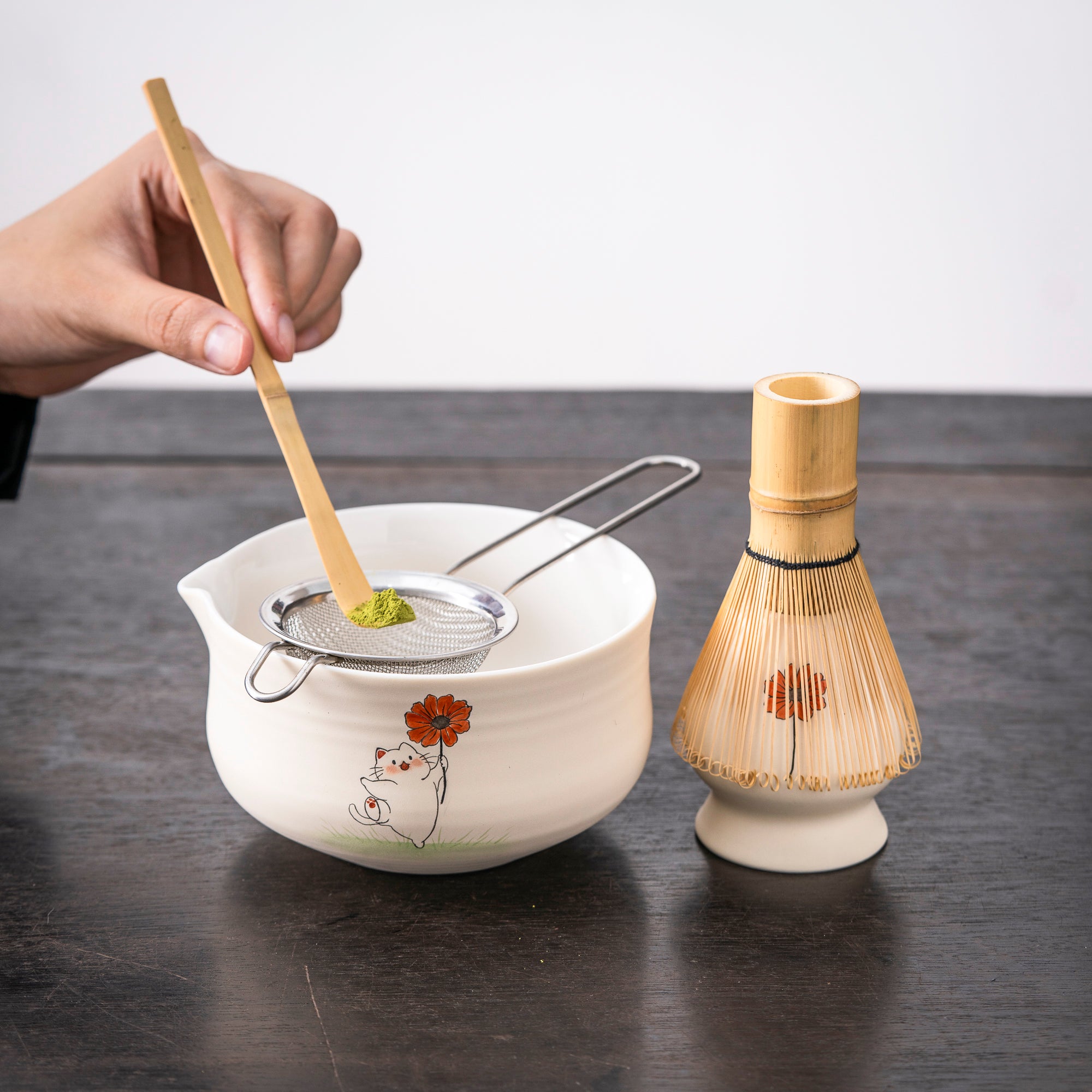 Hand - painted Cat & Flower Matcha Whisk Set