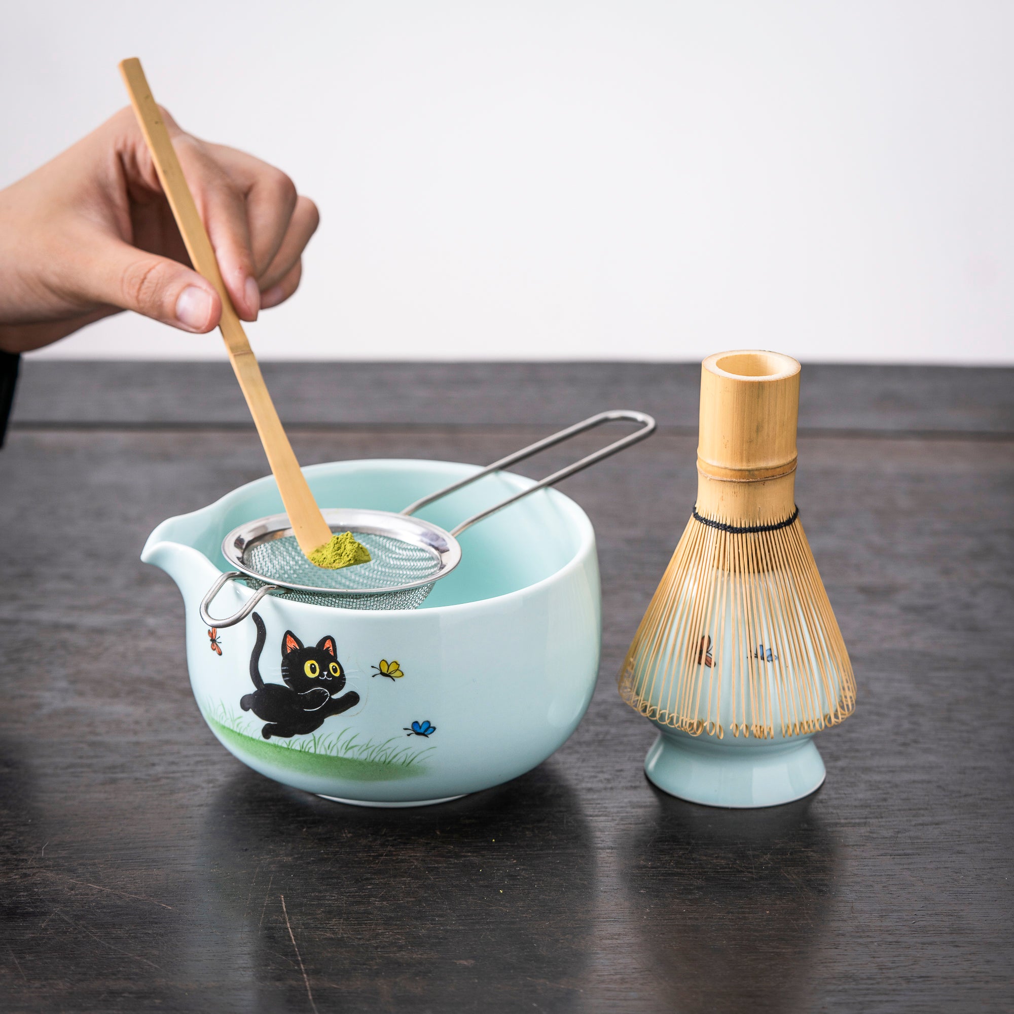 Hand - painted Black Cat & Butterfly Matcha Whisk Set