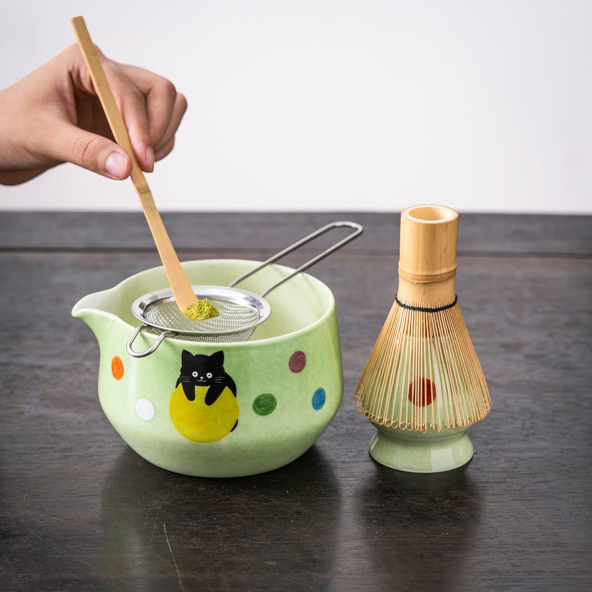 Hand - painted Black Cat & Colorful Dots Light Green Matcha Kit