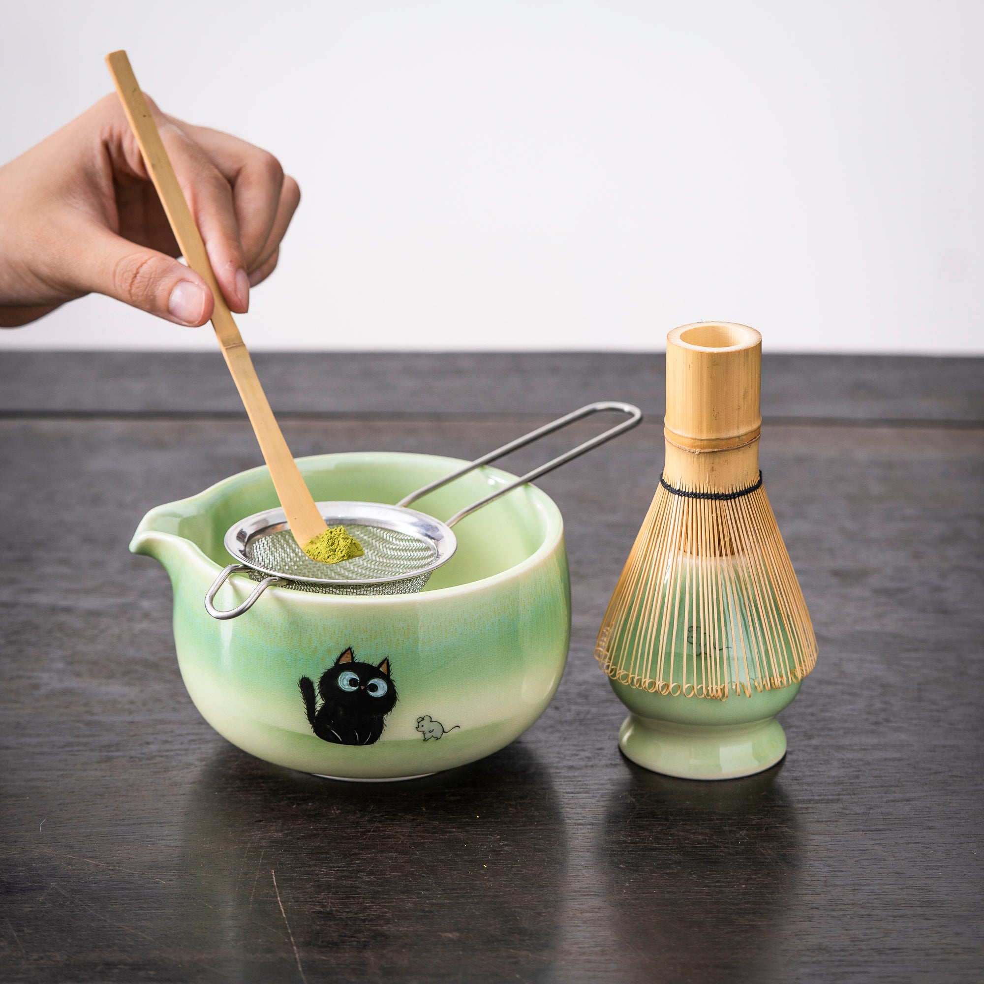 Hand - painted Black Cat & Mouse Light Green Matcha Set