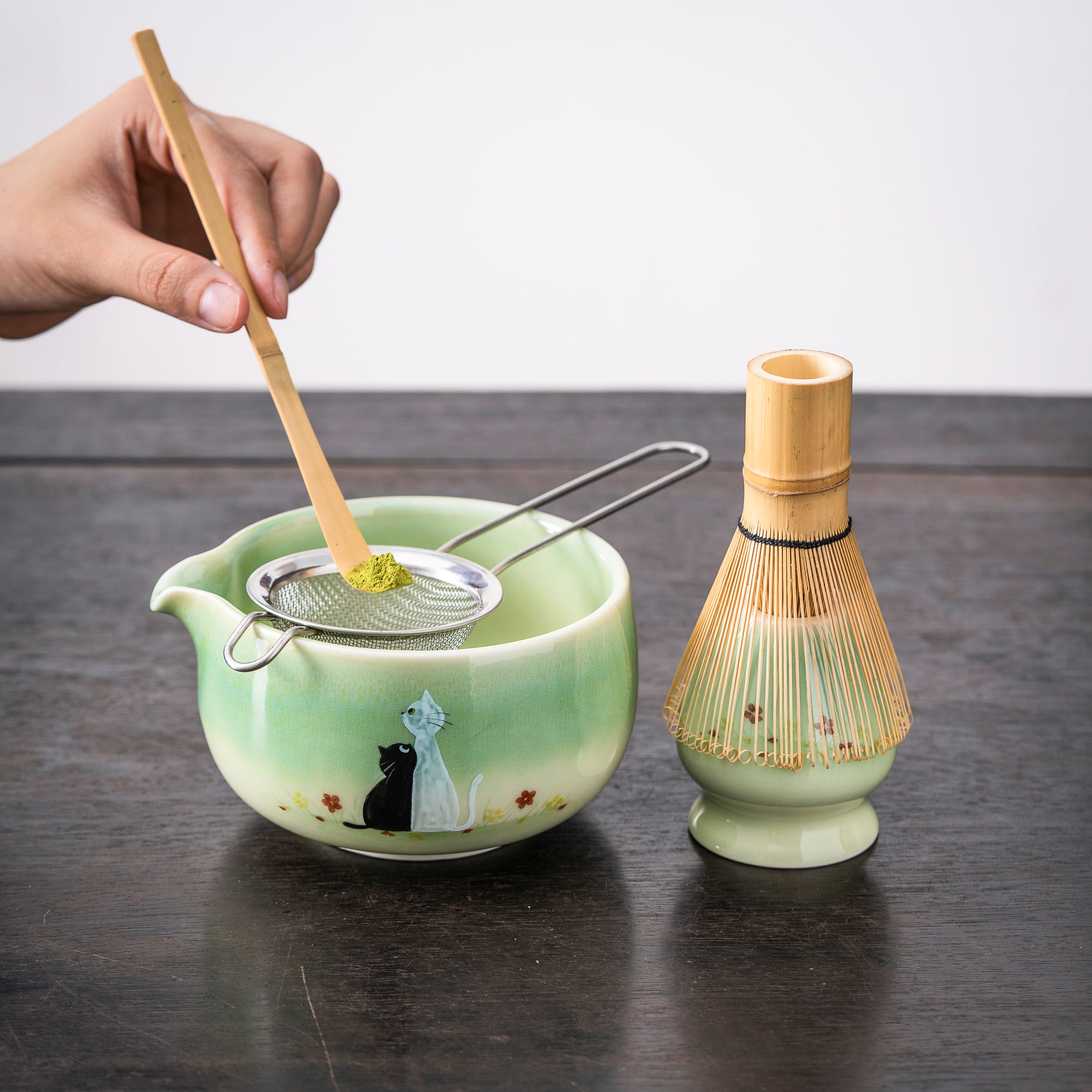 Hand - painted Black & White Cat Light Green Matcha Whisk Set