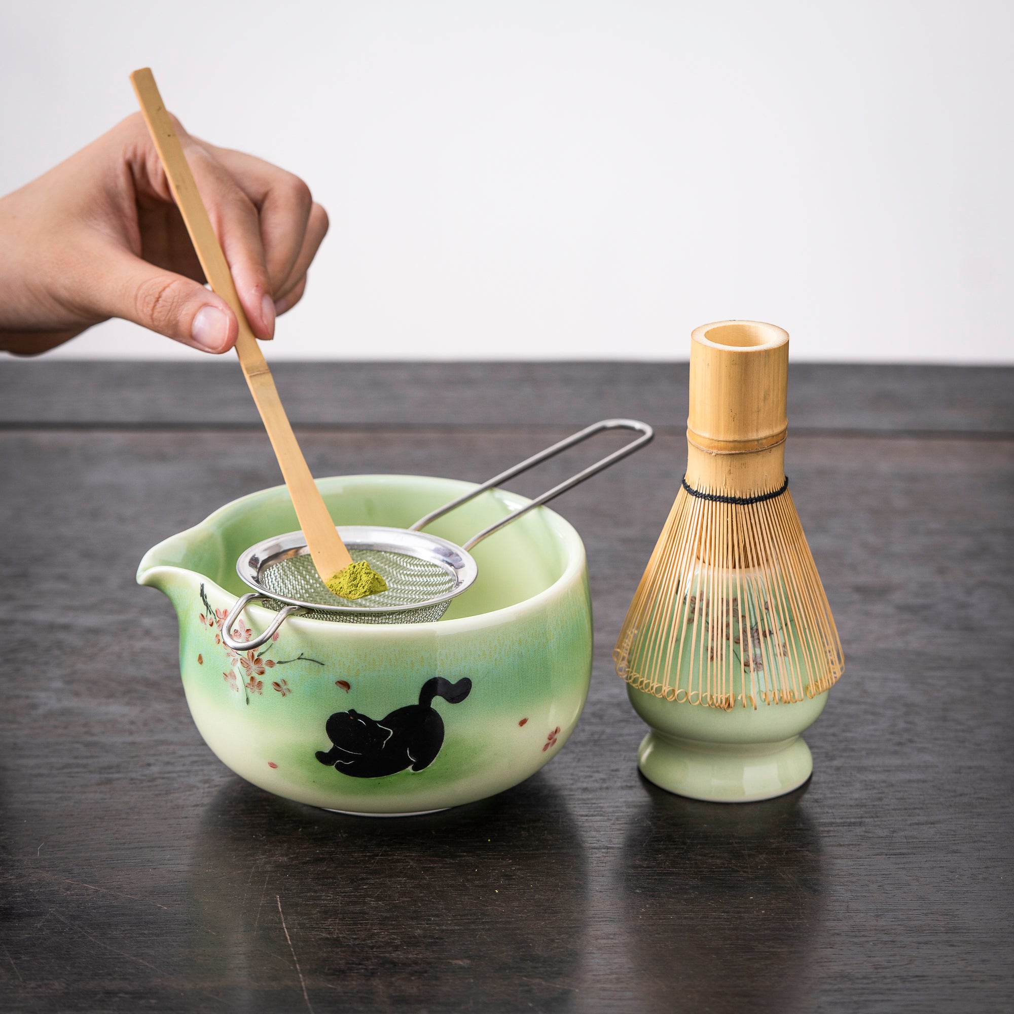 Hand - painted Black Cat & Cherry Blossom Light Green Matcha Kit
