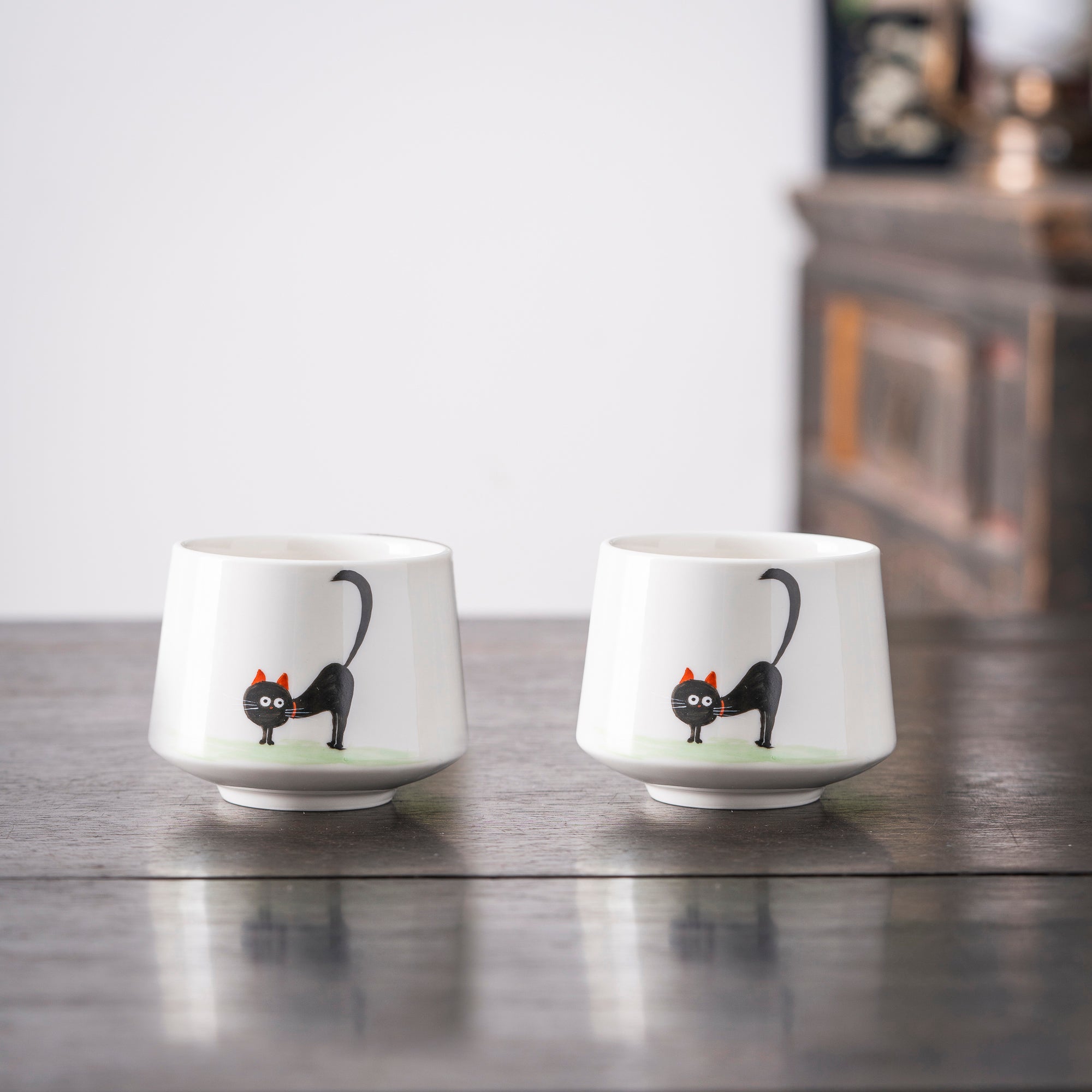 Hand - Painted Black Cat Ceramic Cup