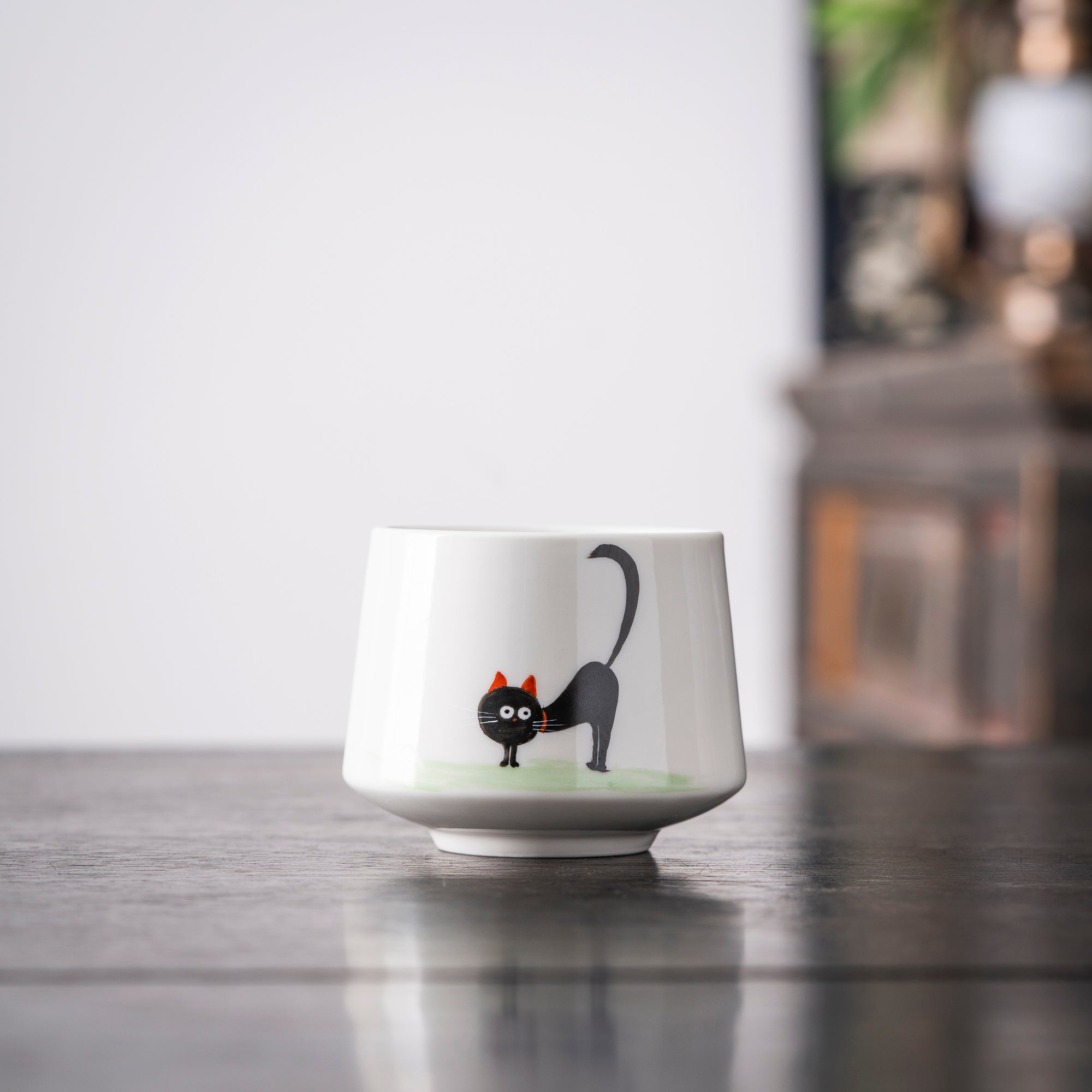 Hand - Painted Black Cat Ceramic Cup