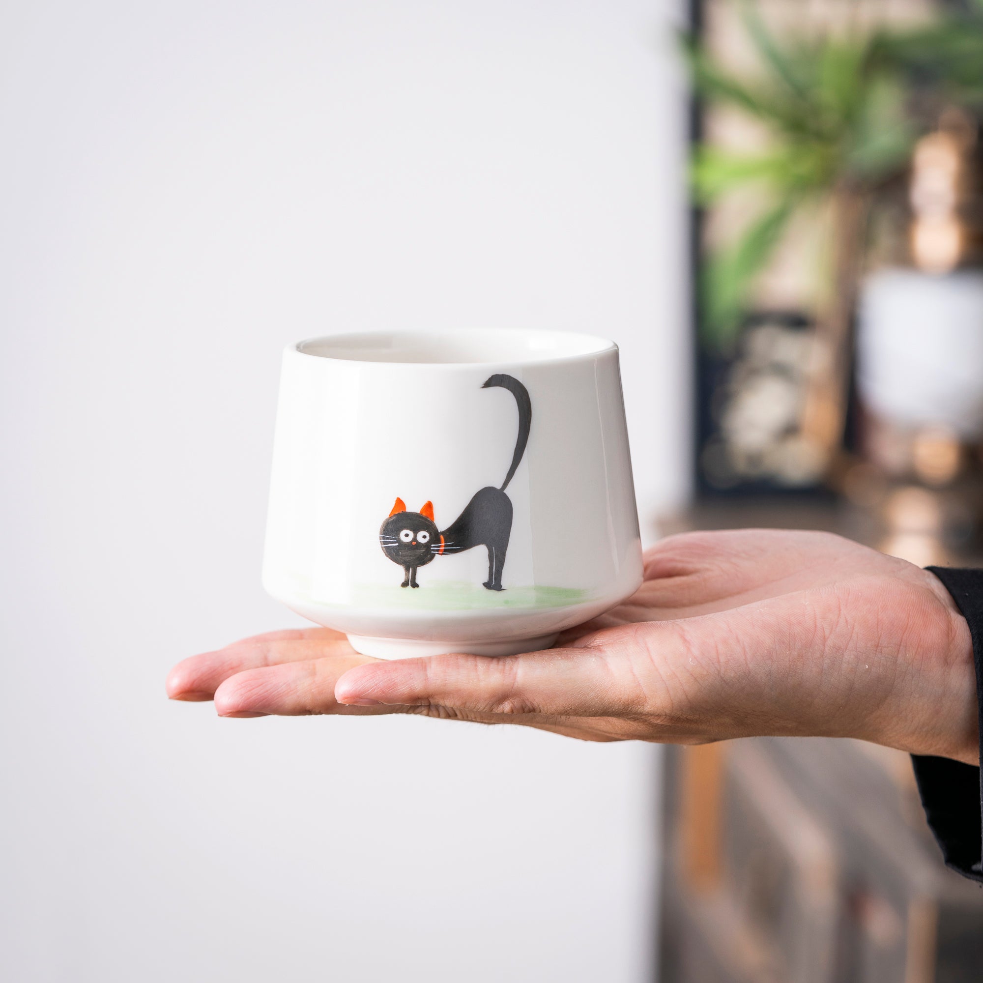 Hand - Painted Black Cat Ceramic Cup