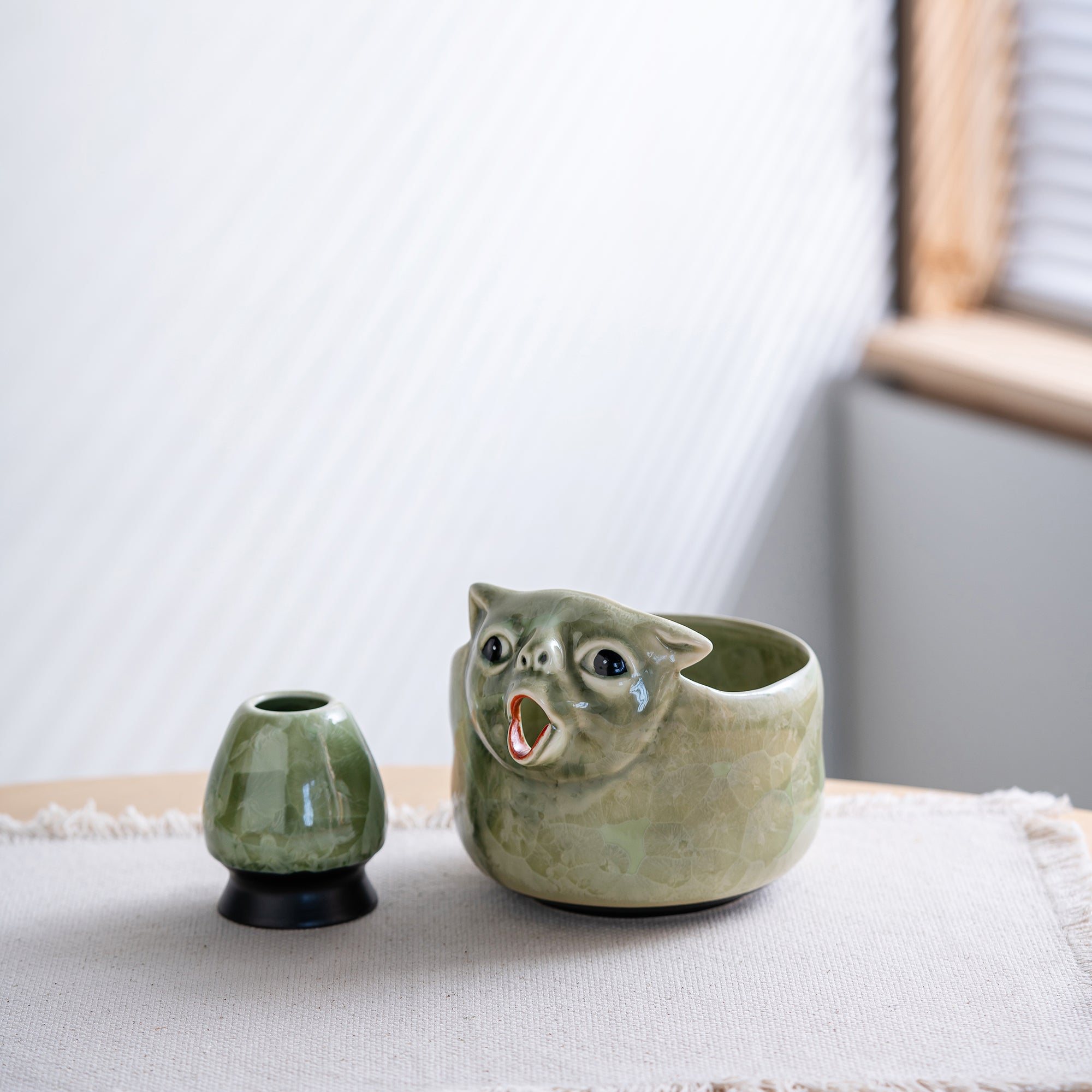 Green Ceramic 3D Cat Matcha Bowl Set, Japanese Tea Ceremony Kit