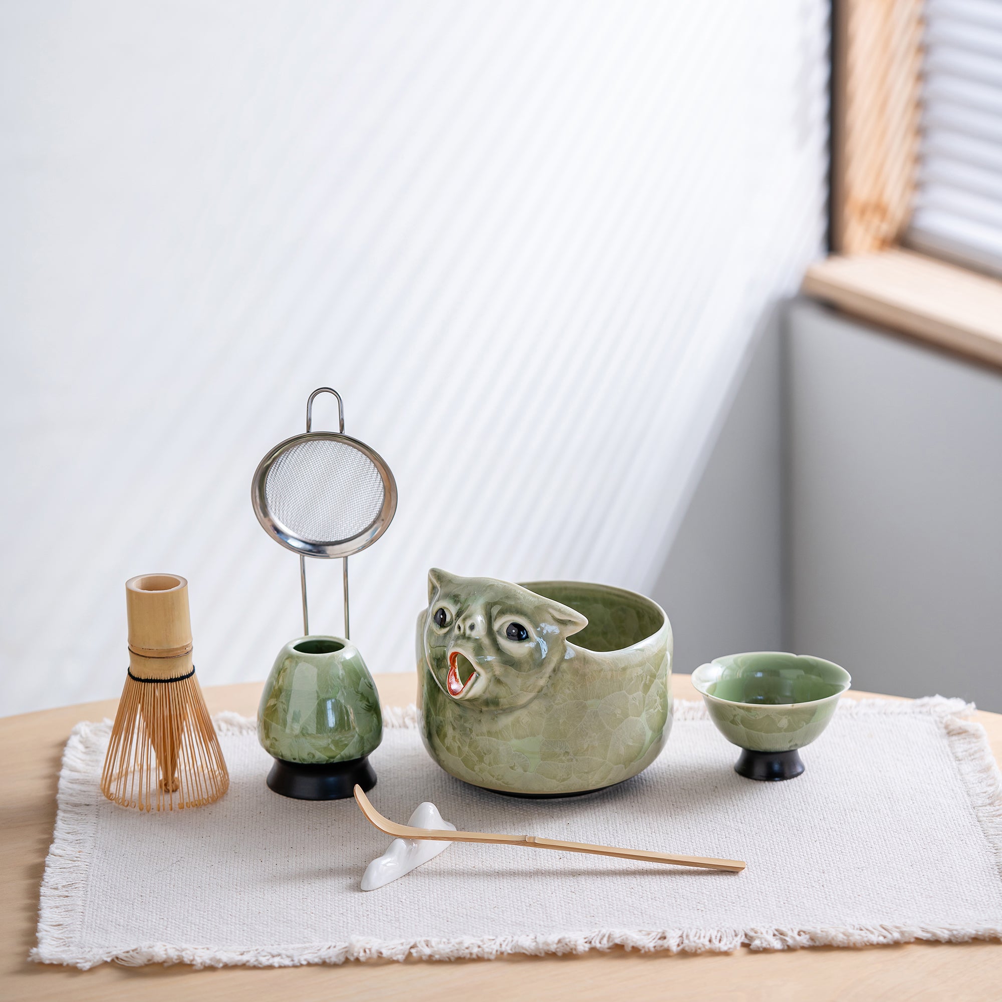 Green Ceramic 3D Cat Matcha Bowl Set, Japanese Tea Ceremony Kit