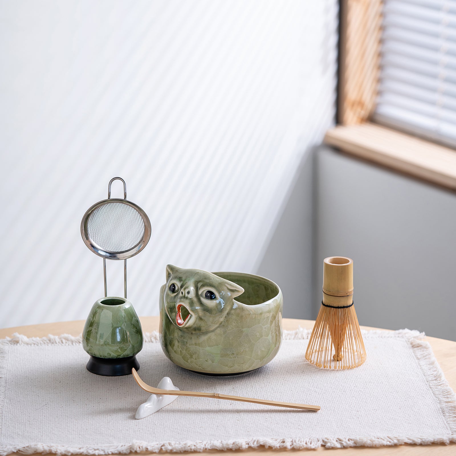 Green Ceramic 3D Cat Matcha Bowl Set, Japanese Tea Ceremony Kit
