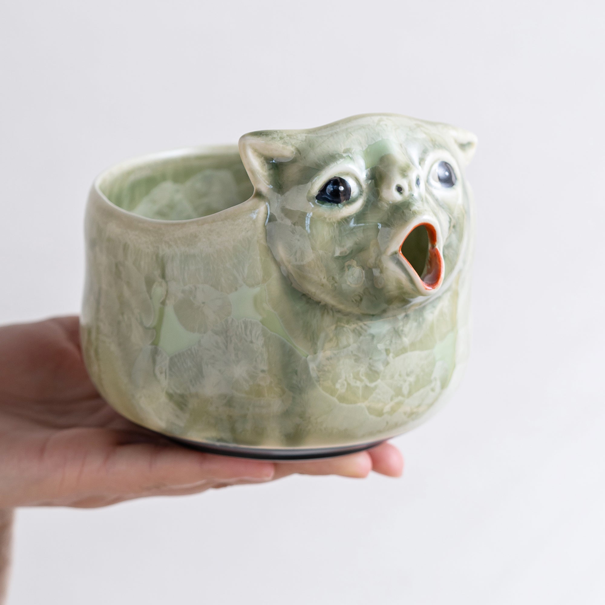 Green Ceramic 3D Cat Matcha Bowl Set, Japanese Tea Ceremony Kit