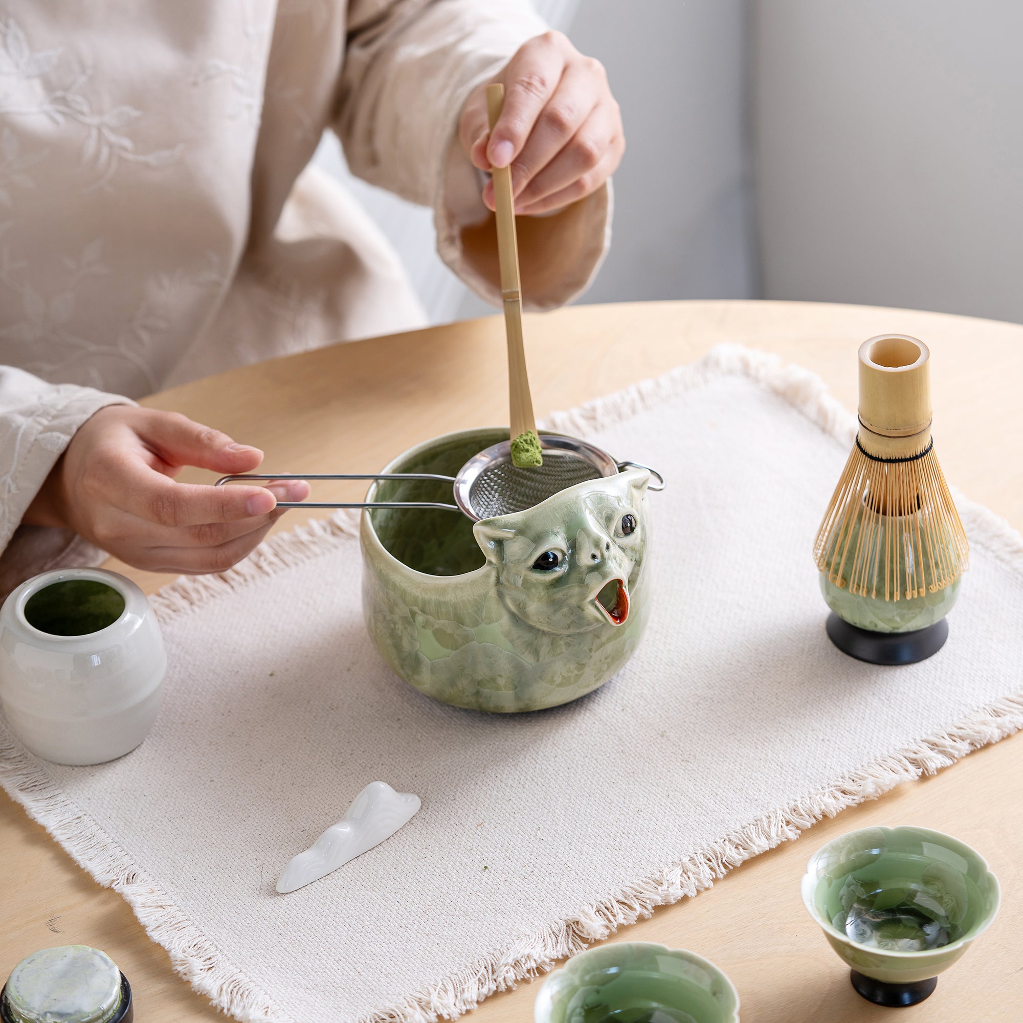 Green Ceramic 3D Cat Matcha Bowl Set, Japanese Tea Ceremony Kit