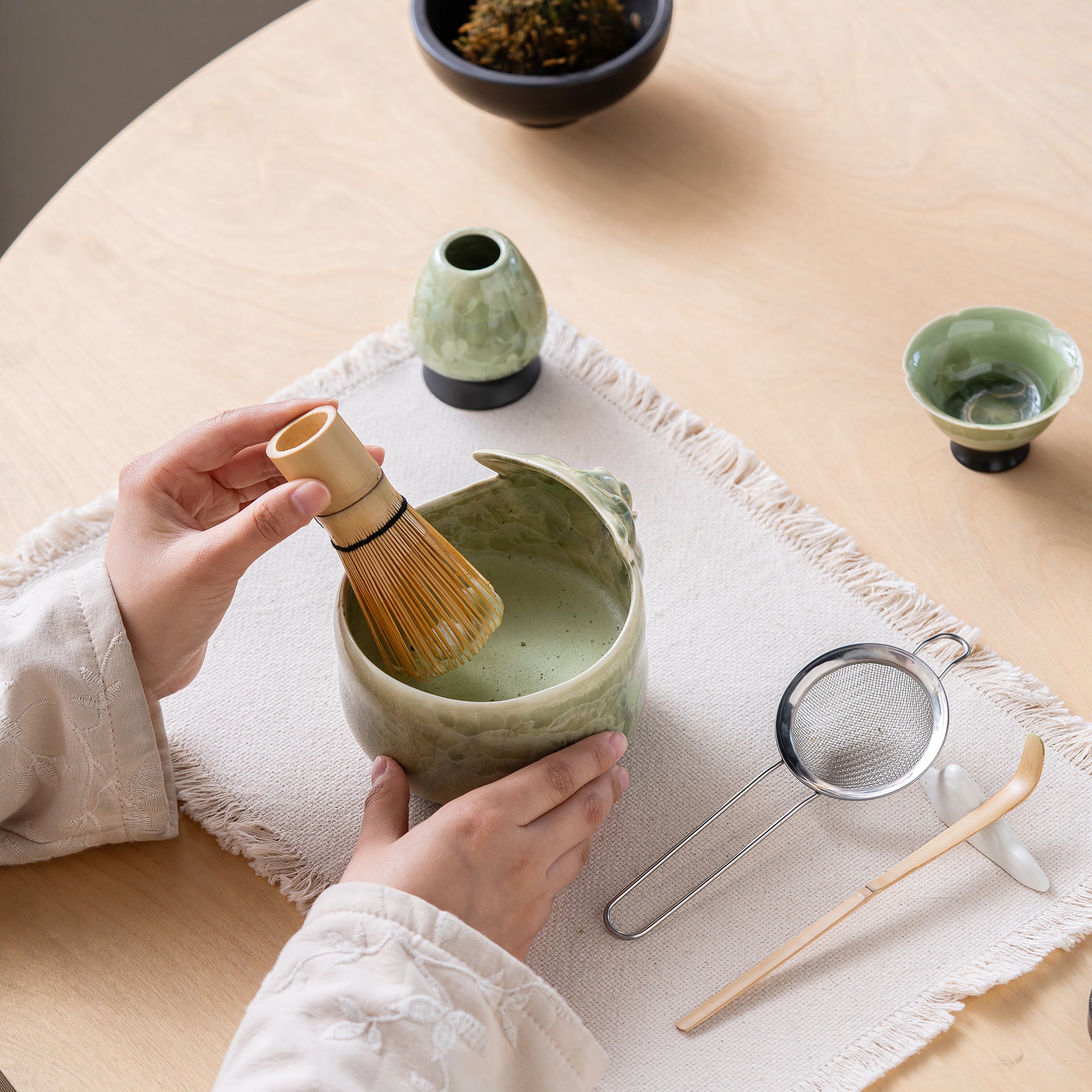 Green Ceramic 3D Cat Matcha Bowl Set, Japanese Tea Ceremony Kit