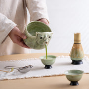 Green Ceramic 3D Cat Matcha Bowl Set, Japanese Tea Ceremony Kit