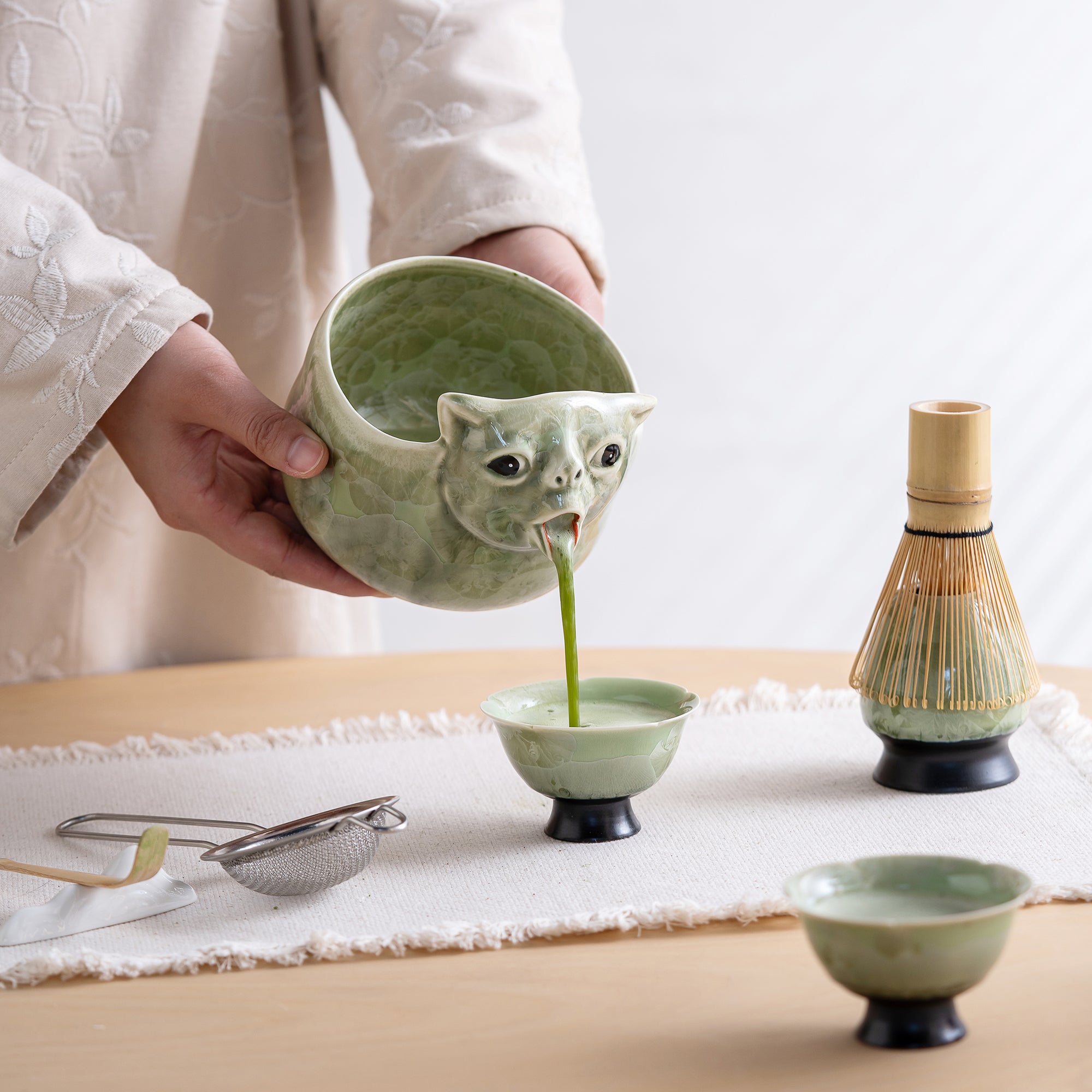 Green Ceramic 3D Cat Matcha Bowl Set, Japanese Tea Ceremony Kit