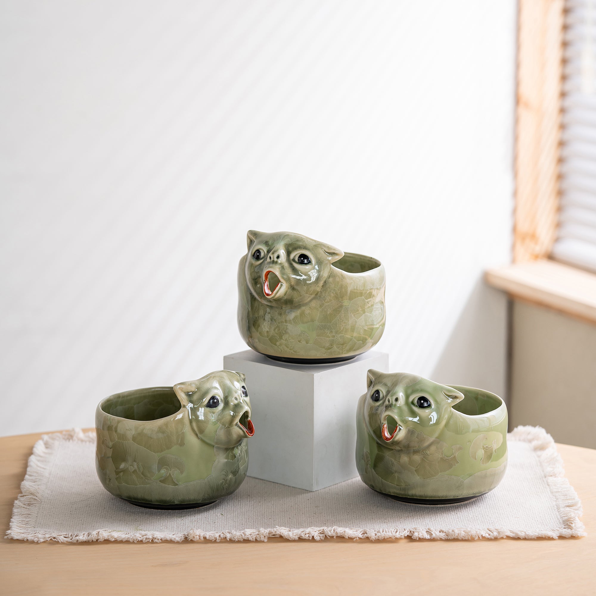 Green Ceramic 3D Cat Matcha Bowl Set, Japanese Tea Ceremony Kit