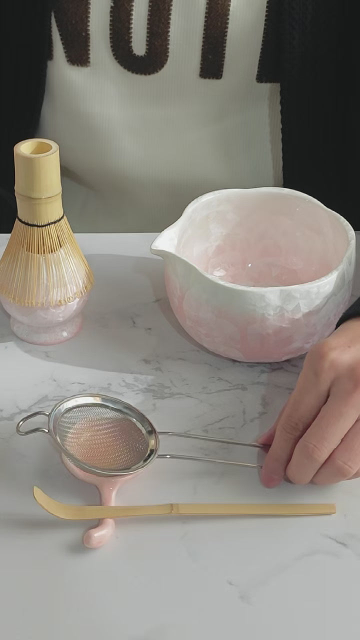 Load video: Pink Crystalline Glaze Matcha Bowl Set with Whisk