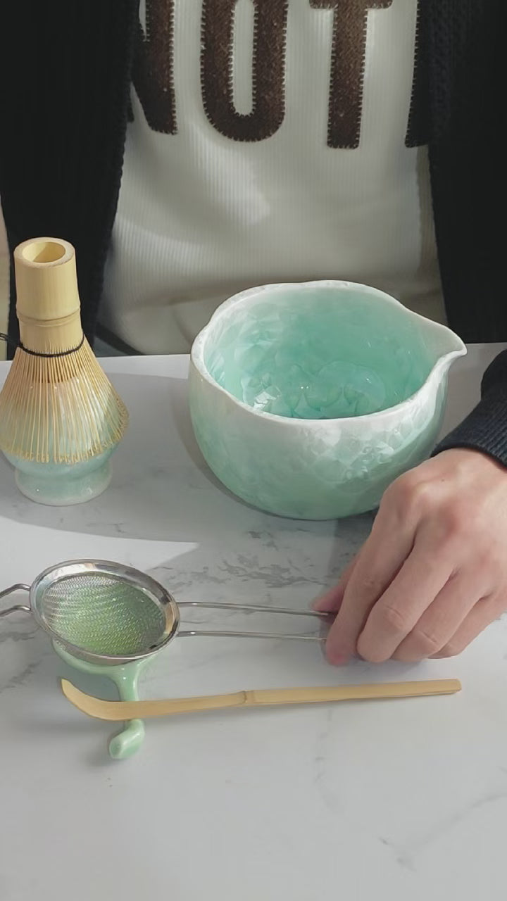 Load video: Mint Green Crystalline Glaze Matcha Bowl Set with Whisk