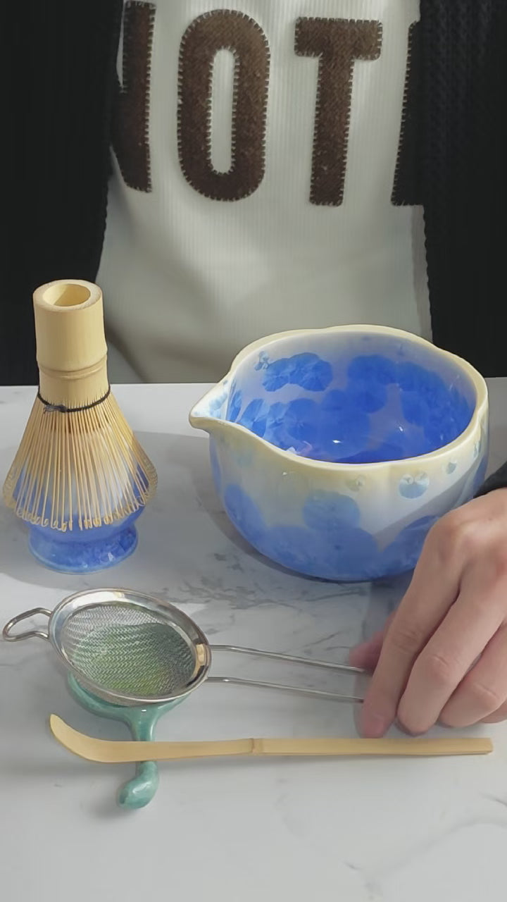 Load video: Blue Floral Crystalline Glaze Matcha Bowl Set with Whisk