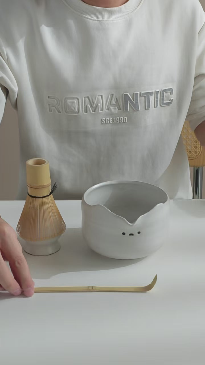 Load video: Marble Bear Ceramic Matcha Bowl Set